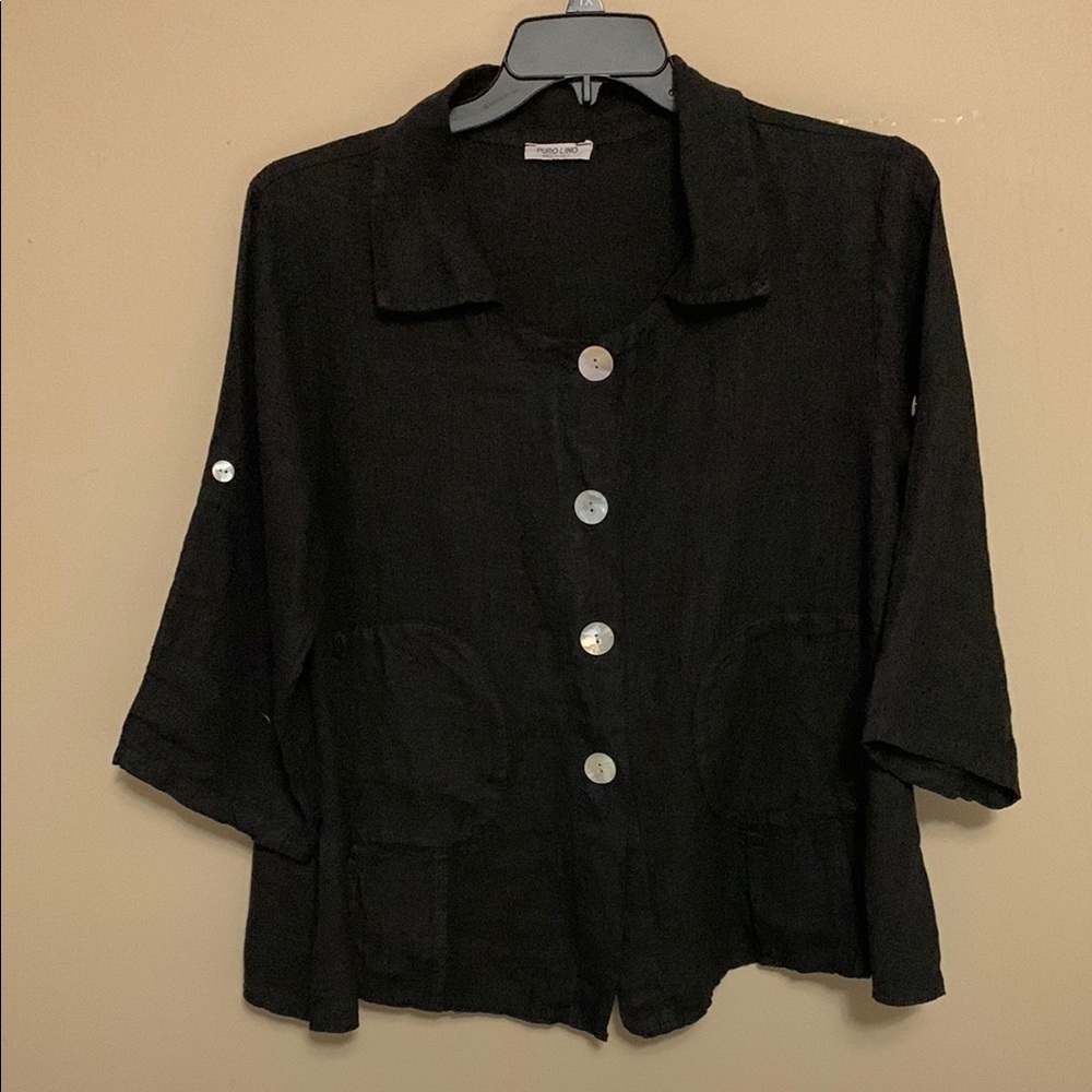 PURO LINO Women’s 109% Linen Button-Up Black Jacket Medium Minimalist Quite